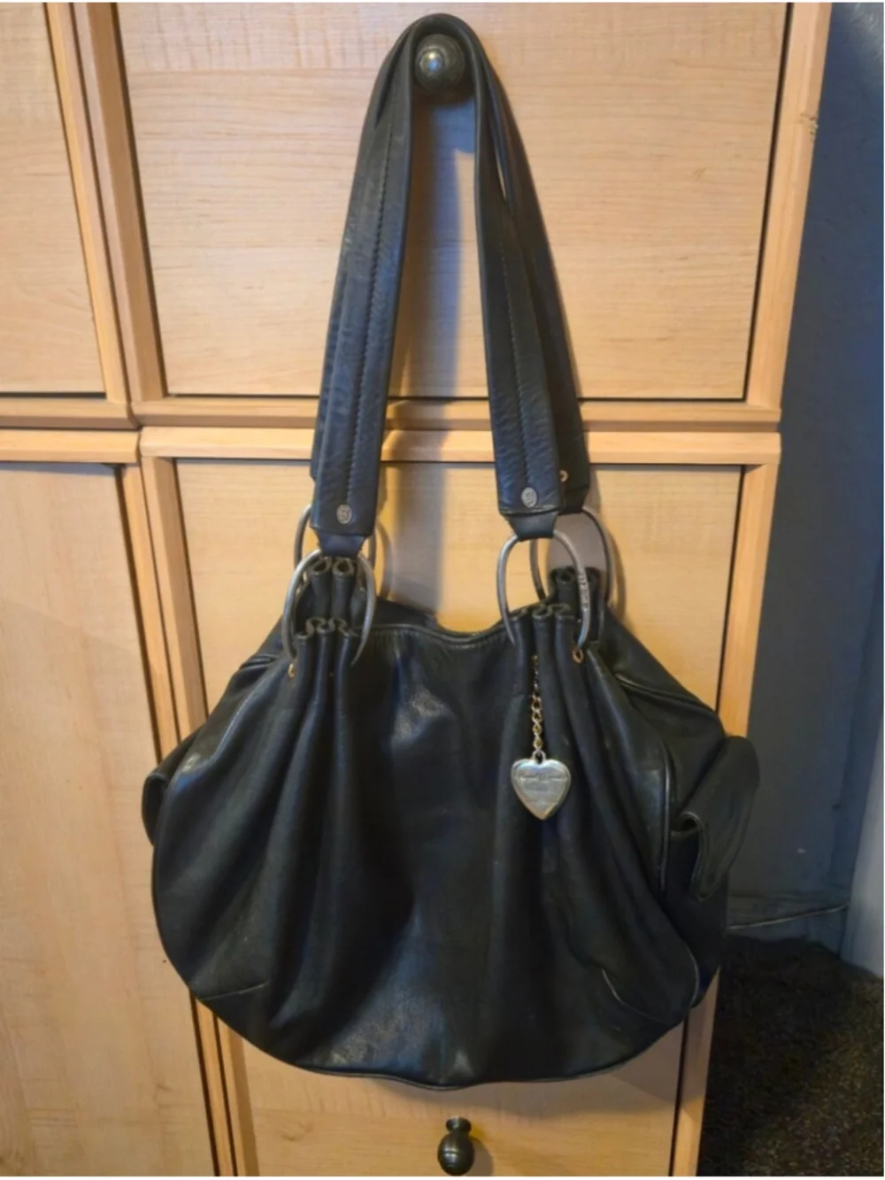 Juicy Couture Y2K Black Genuine Leather Pleated Hobo Handbag